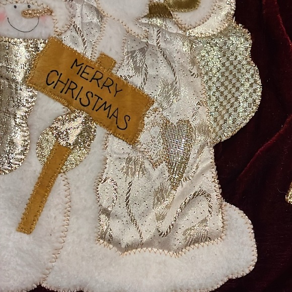 Dark red Velvet tree skirt Santa Claus snowman gold stars 41” diameter - Picture 6 of 15